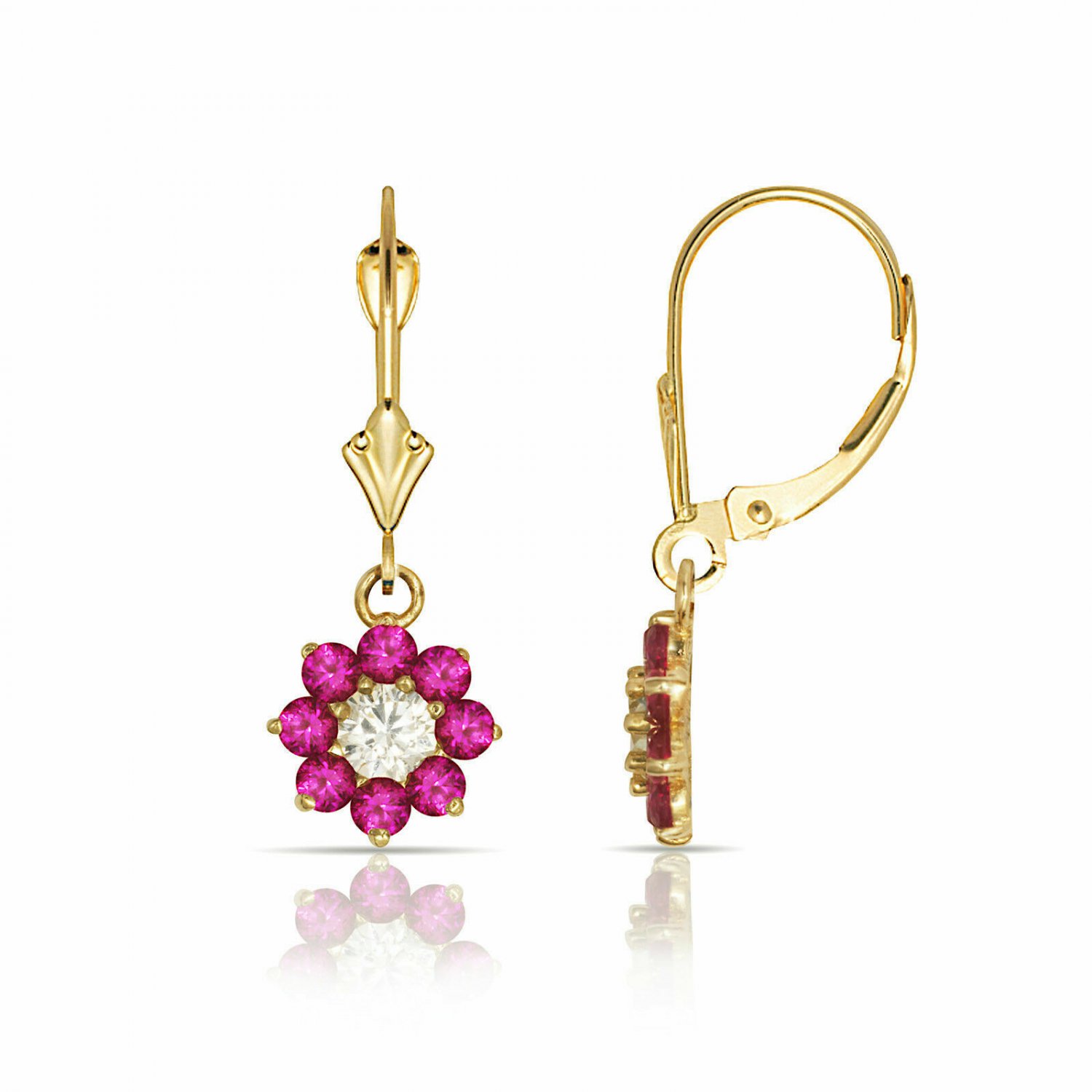 14K Y Gold 1CT White Sapphire & Ruby Flower Cluster Dangle Lever Back Earrings