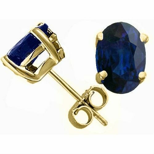 14K YELLOW GOLD 6.00 CT 10x8MM BLUE SAPPHIRE OVAL SHAPE PUSH STUD EARRINGS
