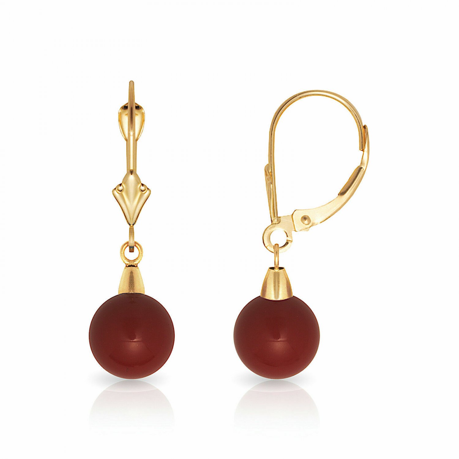 14K Yellow Gold 7MM Ball Shaped Dark Red Coral Lever Back Dangle Earrings