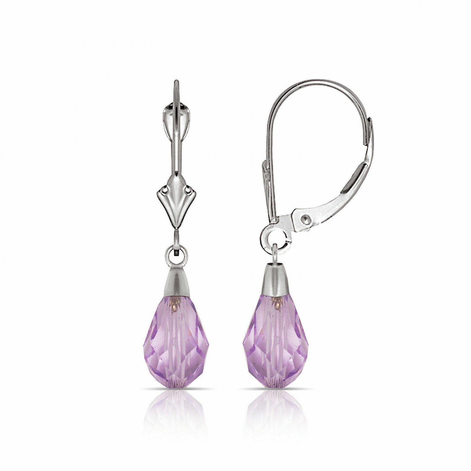14K White Gold Tear Drop Shaped Light Amethyst Dangle Drop Lever Back Earrings