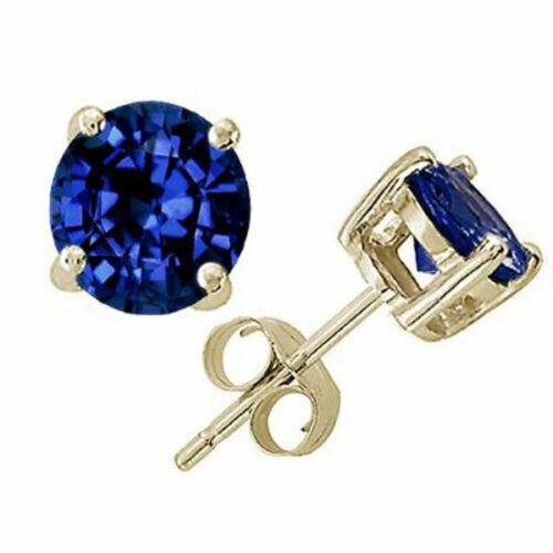 14K YELLOW GOLD 2.00 CT 6MM BLUE SAPPHIRE ROUND CUT  PUSH BACK STUD EARRINGS