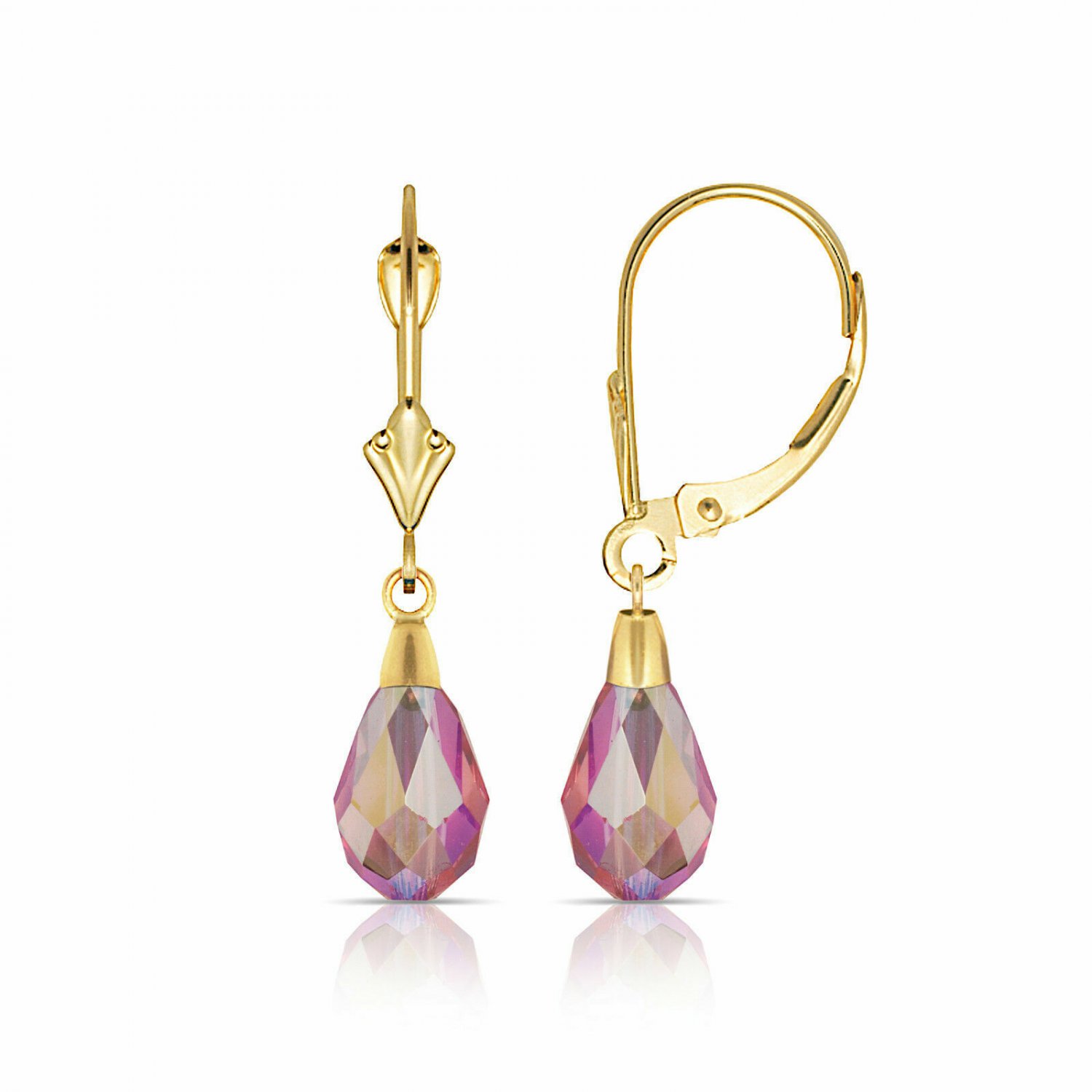 14K Solid Yellow Gold Tear Drop Shaped Pink Tourmaline Dangle Leverback Earrings