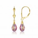 14K Solid Yellow Gold Tear Drop Shaped Pink Tourmaline Dangle Leverback Earrings