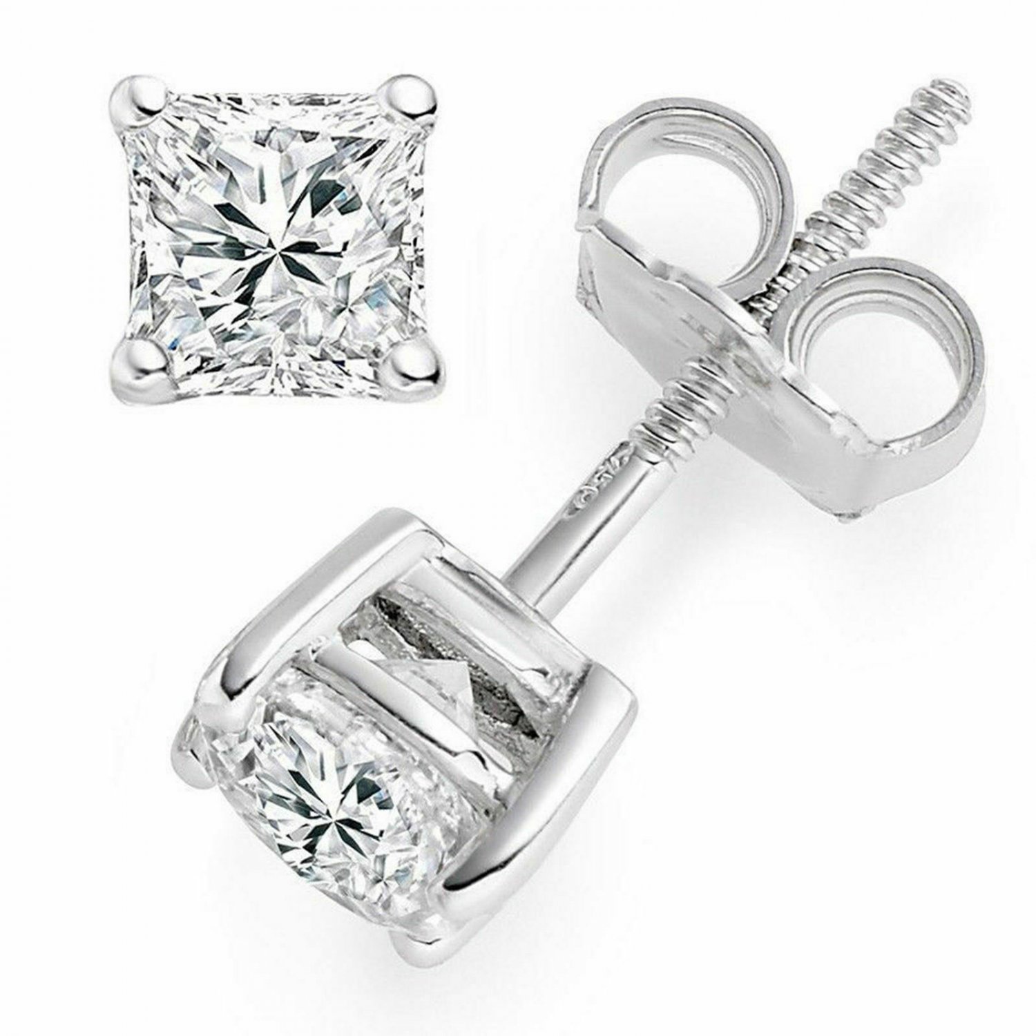 14K WHITE GOLD 0.66CT Square Princess Cut Natural Diamond  PUSHBACK Earrings