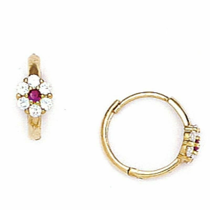14K Solid YG Children/Babies Flower Genuine Ruby July Birthstone Huggie Earrings