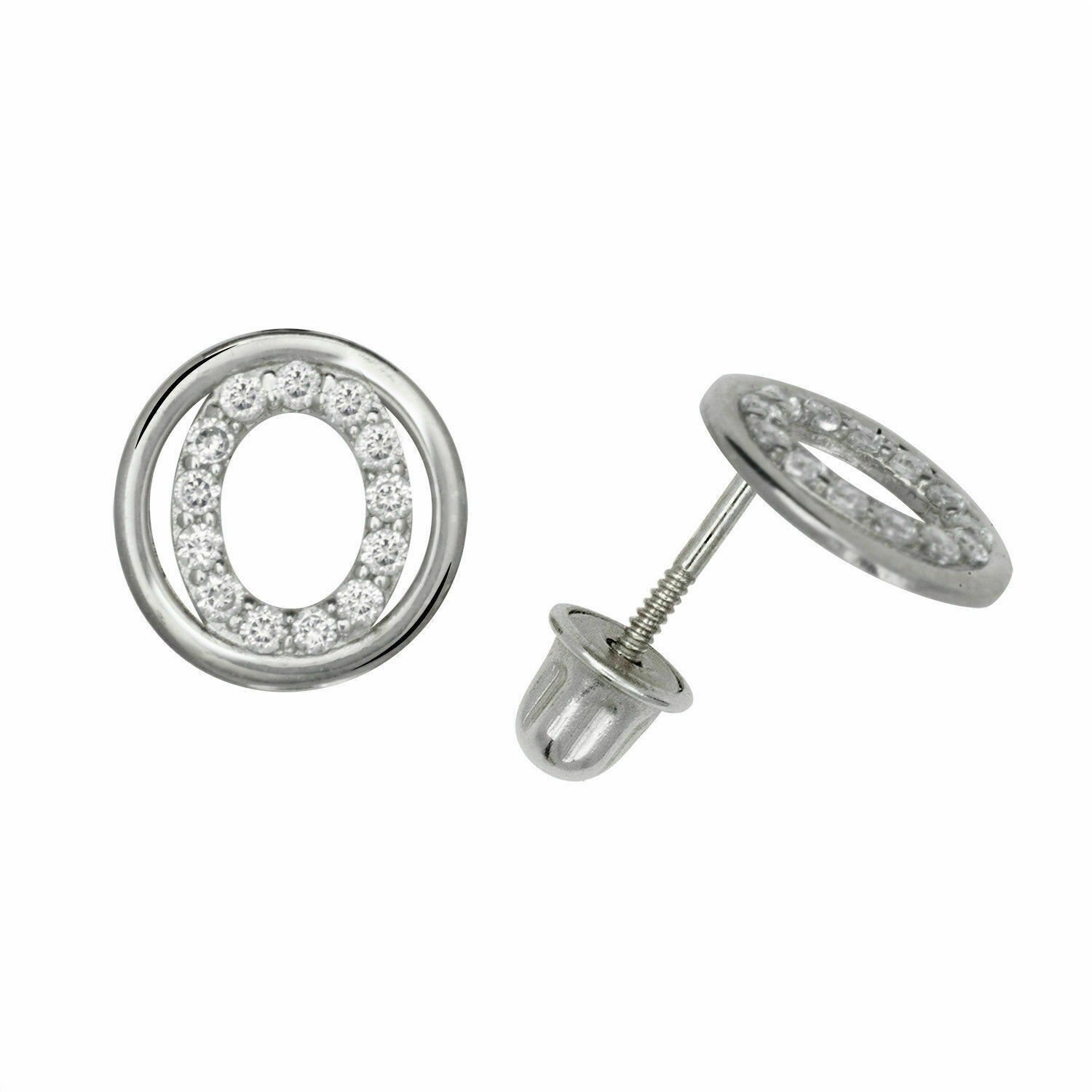 14K White Gold Letter "O" Initial Round Child Screw Back Stud Earrings