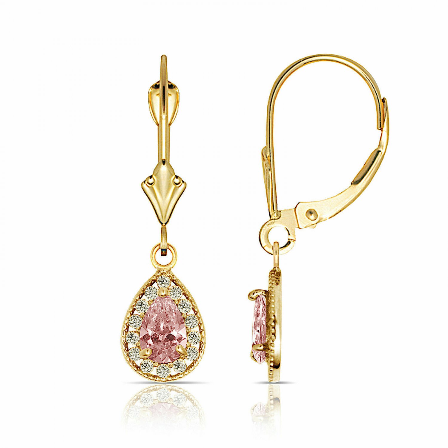 14K Yellow Gold 1.65CT Halo Sapphire Pear Tear Drop Dangle Lever Back Earrings