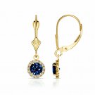 14K Yellow Gold 1.25CTW Round Halo Blue Sapphire Drop Dangle LeverBack Earrings