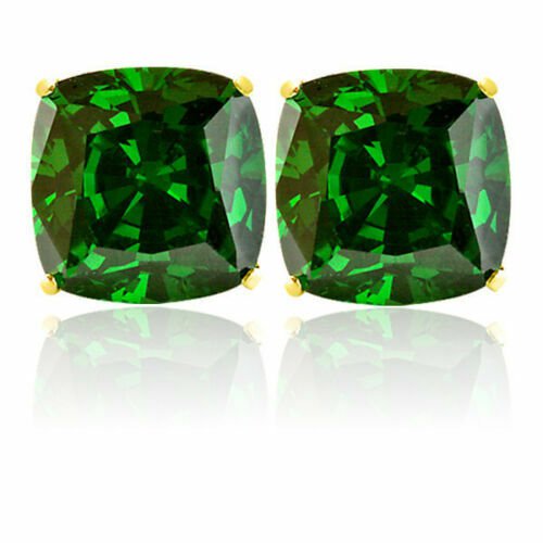 14K SOLID YELLOW GOLD 2.00 CARAT CUSHION CUT EMERALD STUD EARRINGS
