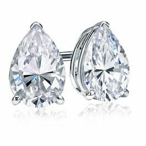 *** 14K WHITE GOLD 2CT LAB DIAMOND PEAR SHAPE MOISSANITE STUD EARRINGS