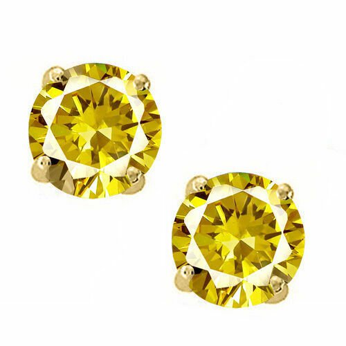14K Solid Yellow Gold 6MM November Canary Round Shape Screw Back Stud Earrings