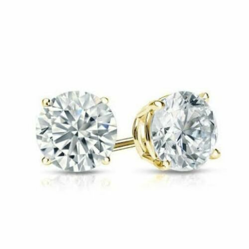 14K Yellow Gold 1 CARAT Round Brilliant Cut Basket Screw Back Stud Earrings