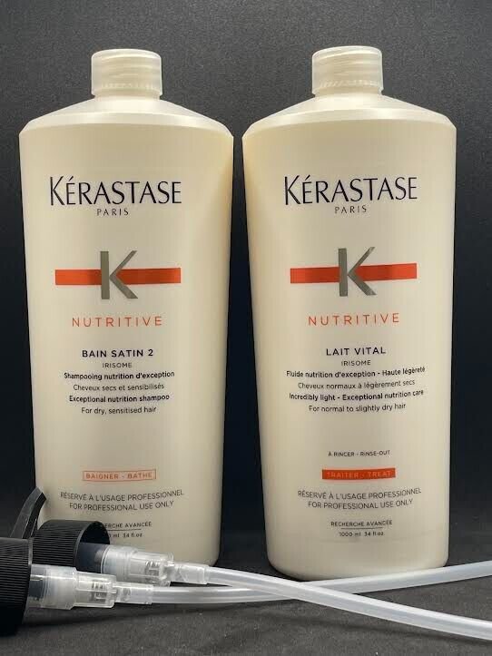 Kerastase Nutritive Bain Satin 2 Shampoo & Lait Vital Conditioner 34 Oz  W/PUMPS