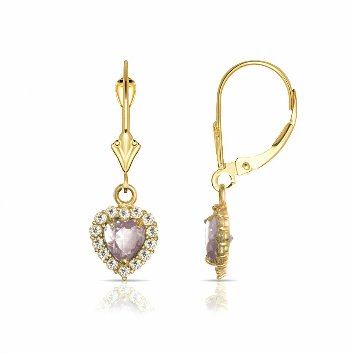 14K Yellow Gold White & Pink Sapphire Halo Heart Dangle Leverback Earrings
