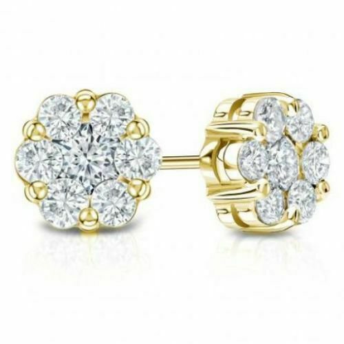14K Yellow Gold 0.66 CT Natural Diamond Flower Shaped Halo Cluster Stud Earrings