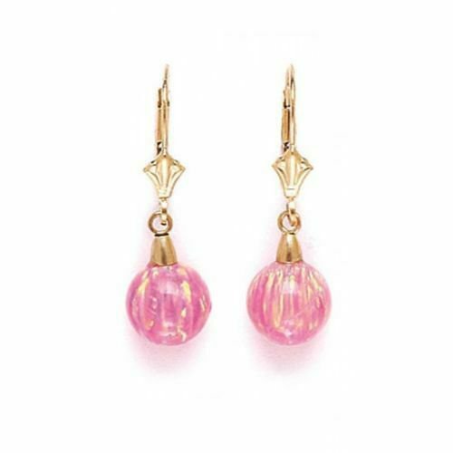 14K Solid Yellow Gold Opal Dangle Ball Earrings