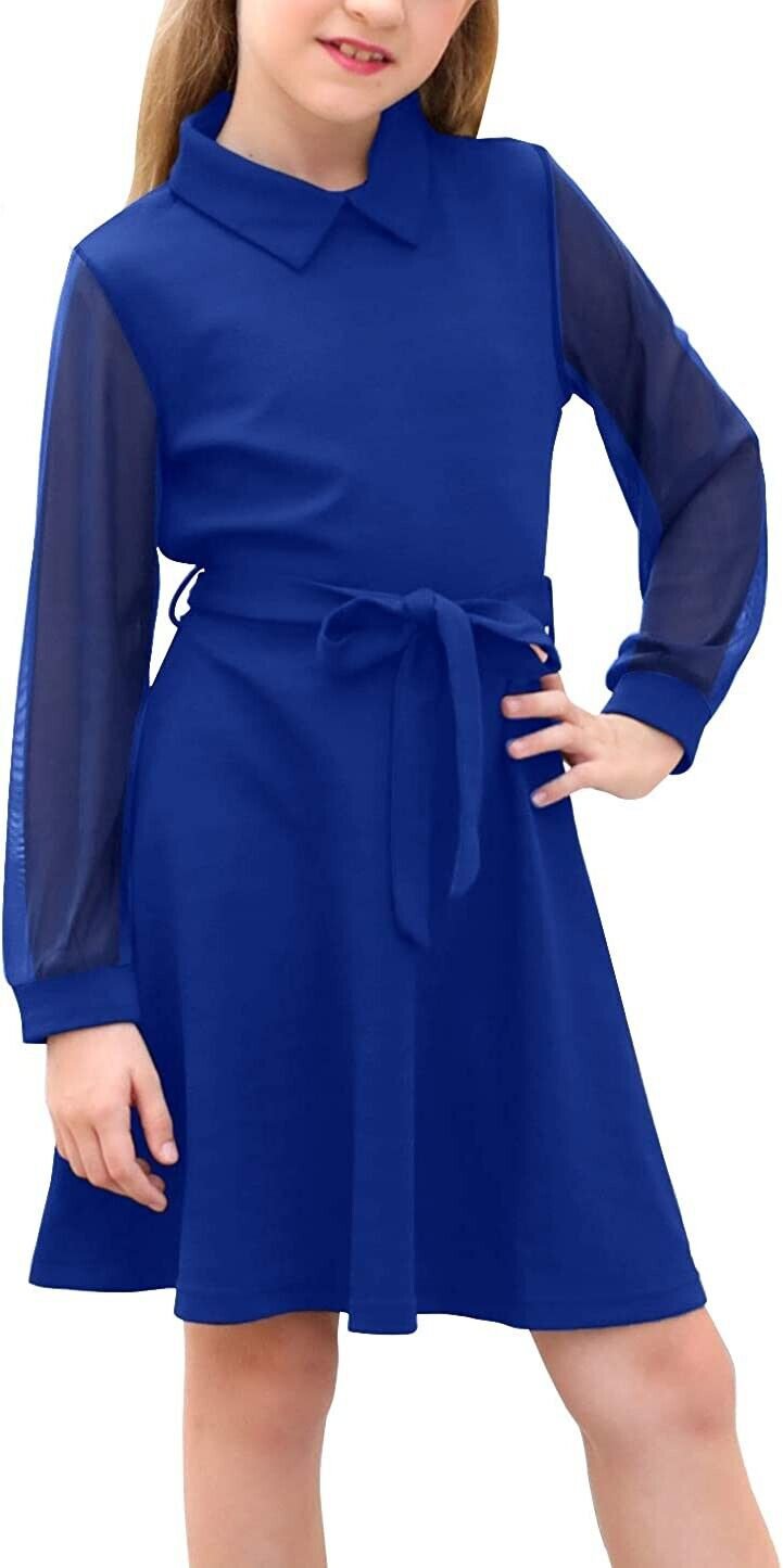 GORLYA Girl's Mesh Long Sleeve Peter Pan Collar Casual Vintage A-line Party Bel