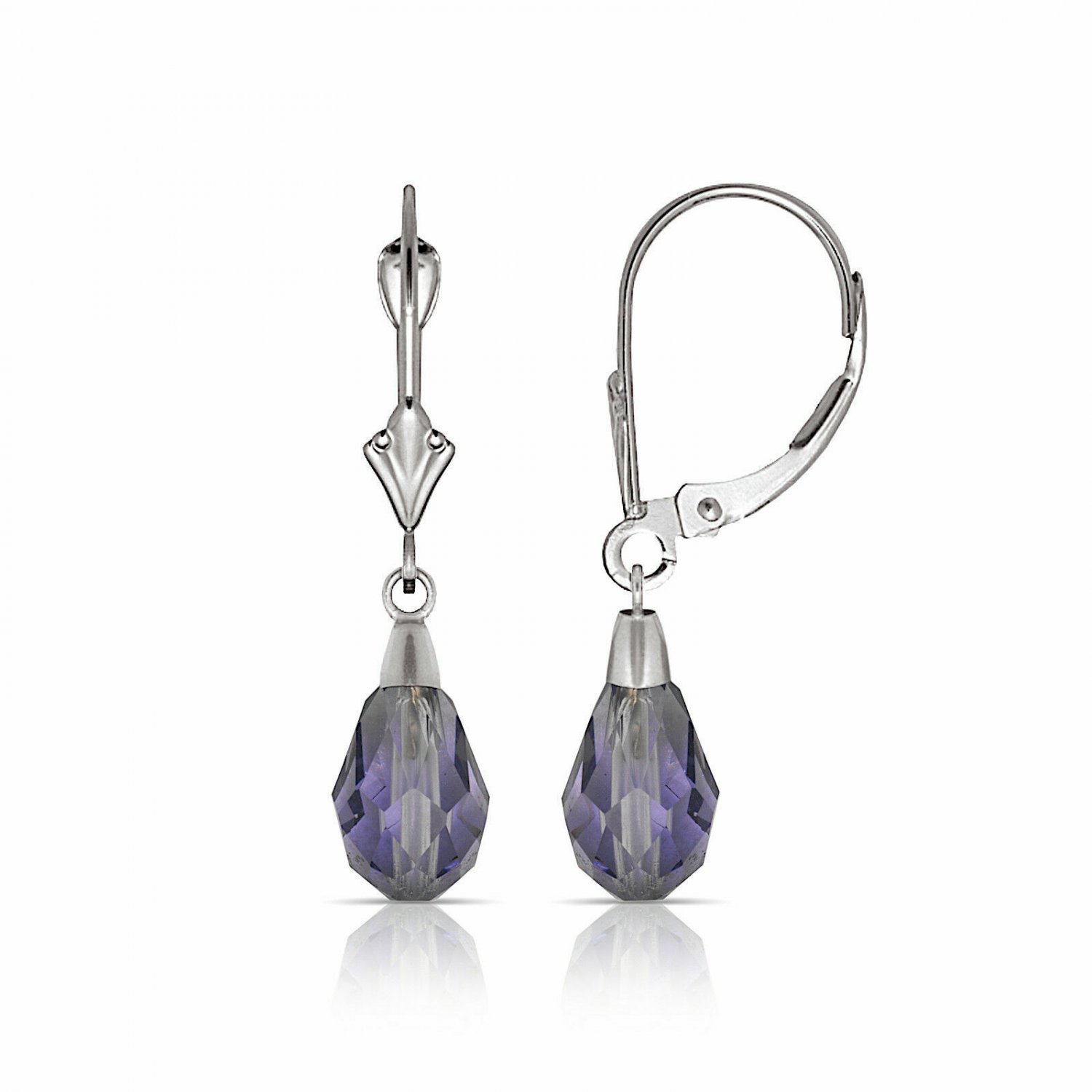 14K White Gold Tear Drop Shaped Amethyst Dangle Drop Lever Back Earrings