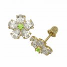 14K Yellow Gold Baby Girl's Peridot  Created Diamond Flower Shape Stud Earrings