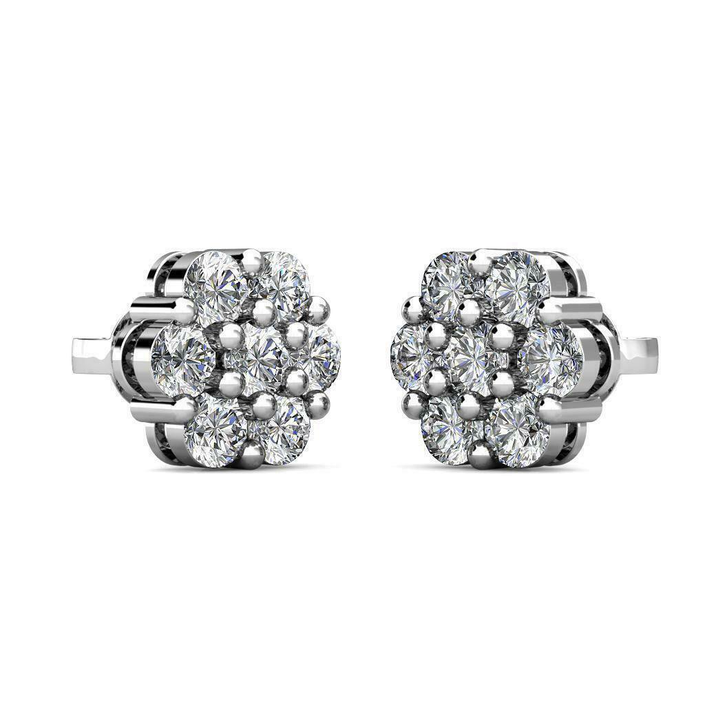 14K White Gold 1CT 7MM Natural Diamond Flower Shaped Halo Cluster Stud Earrings