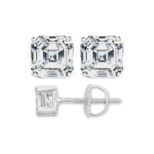 3CT MEN/WOMENS UNIQUE 14K WG SCREWBACK WHITE SAPPHIRE ASSCHER CUT STUD EARRINGS