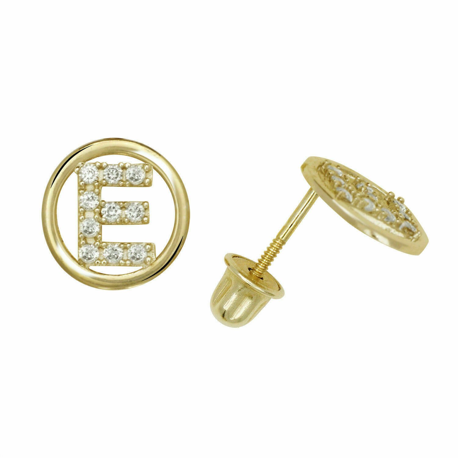 14K Yellow Gold Letter "E" Initial Round Child Screw Back Stud Earrings