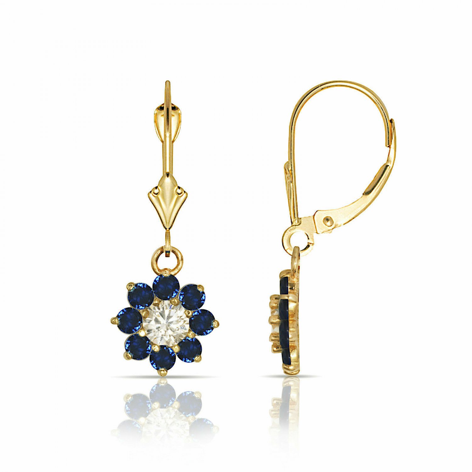 14K Yellow Gold 1 CARAT Sapphire Flower Cluster Dangle Lever Back Earrings