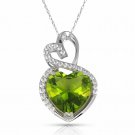 14K White Gold 4.20 CARAT Halo Peridot Double Heart Gemstone Pendant & Necklace