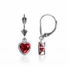 14K Solid White Gold 7MM Bezel Set Red Ruby Heart Lever Back Dangle Earrings