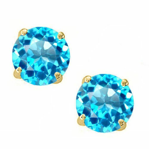 1.00 CT 5mm 14K Solid Yellow Gold Blue Topaz Round Shape Push Back Stud Earrings