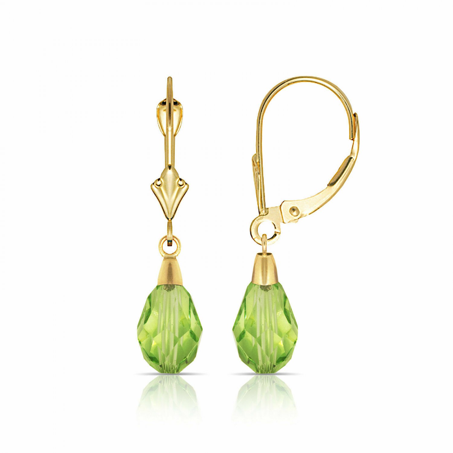14K Yellow Gold Tear Drop Shaped Peridot Dangle Drop Lever Back Earrings