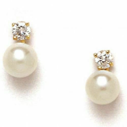 14K Solid Yellow Gold Genuine White Pearl Stud  Screw Back ER-S266 Earrings