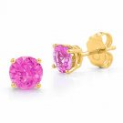 * 14K YELLOW GOLD 3.00 CT 7MM OCTOBER PINK SAPPHIRE ROUND CUT PUSH STUD EARRINGS