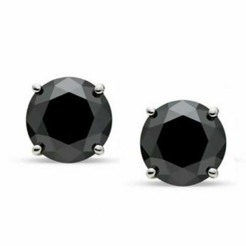 2.45CT Solid 14K White Gold Black Sapphire Round Cut Screw Back Stud Earrings