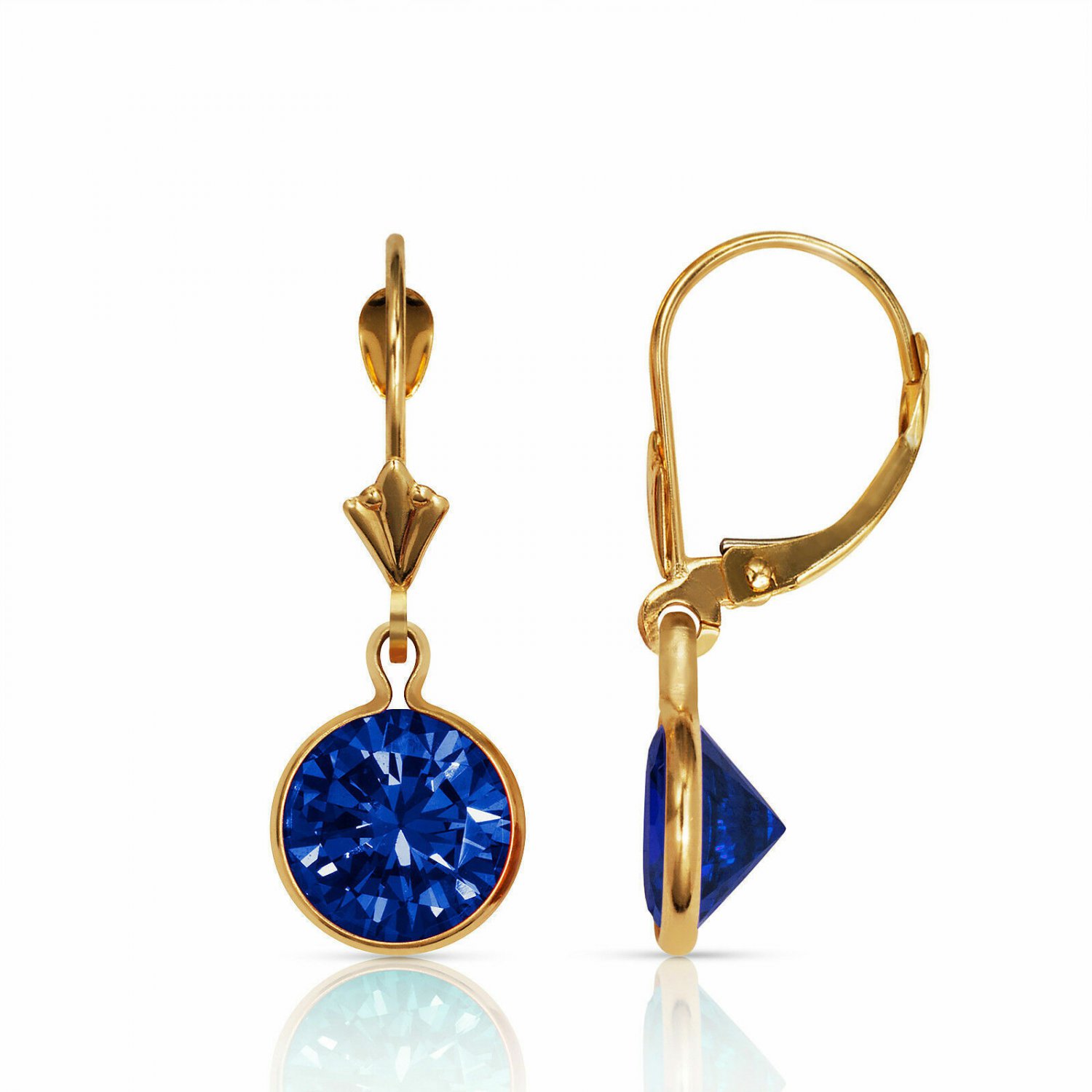 14K Solid Yellow Gold Sapphire Bezel Set Round Shaped Leverback Dangle Earrings