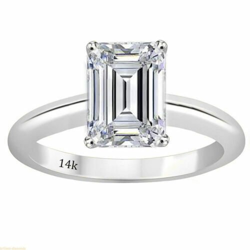 14K White Gold 2 CARAT Emerald Cut Solitaire Engagement Wedding Ring