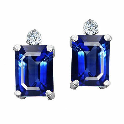 3.49CT. 8x6MM 14K W Y PLATED GOLD SILVER EMERALD CUT BLUE SAPPHIRE STUD EARRINGS