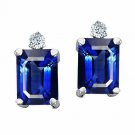 3.49CT. 8x6MM 14K W Y PLATED GOLD SILVER EMERALD CUT BLUE SAPPHIRE STUD EARRINGS