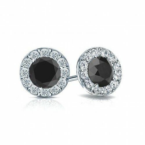 14k Solid White Gold  1.00 Carat TW Black Diamond Martini Halo Stud Earrings