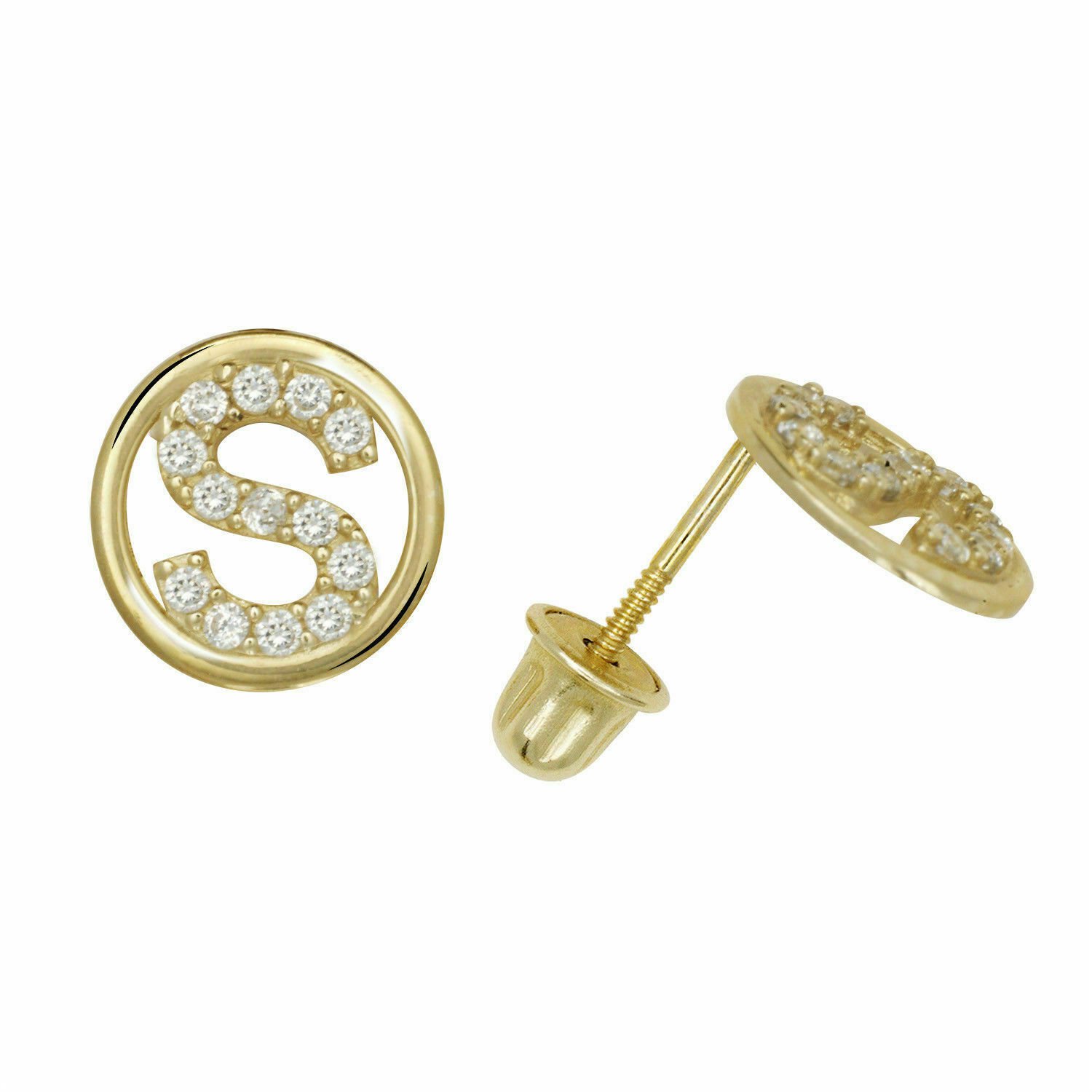 14K Yellow Gold Letter "S" Initial Round Child Screw Back Stud Earrings