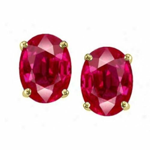 2.00CT 7x5mm 14K SOLID YELLOW GOLD RUBY OVAL SHAPE STUD PUSH BACK EARRINGS