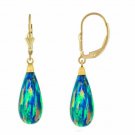 14K Yellow Gold Tear Drop Shaped Dark Blue Fire Opal Lever Back Dangle Earrings