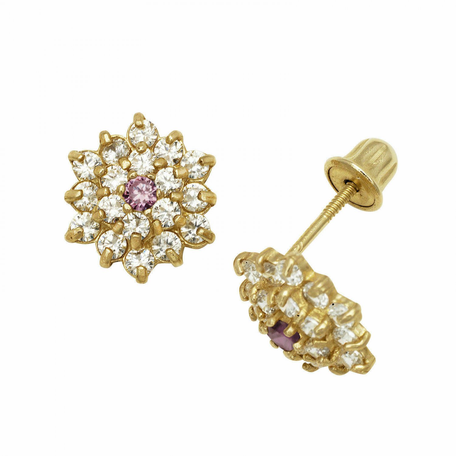 14K Yellow Gold Alexandrite Birthstone Baby Girl Flower Screw Back Stud Earrings