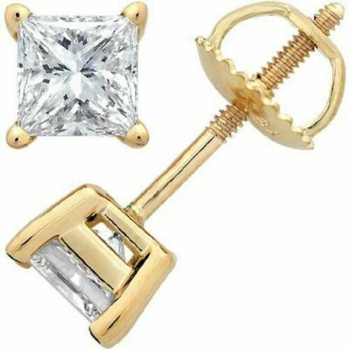 1.10Ct Princess Cut Solitaire Brillaint Stud Earring 14k Yellow Gold Screw Back