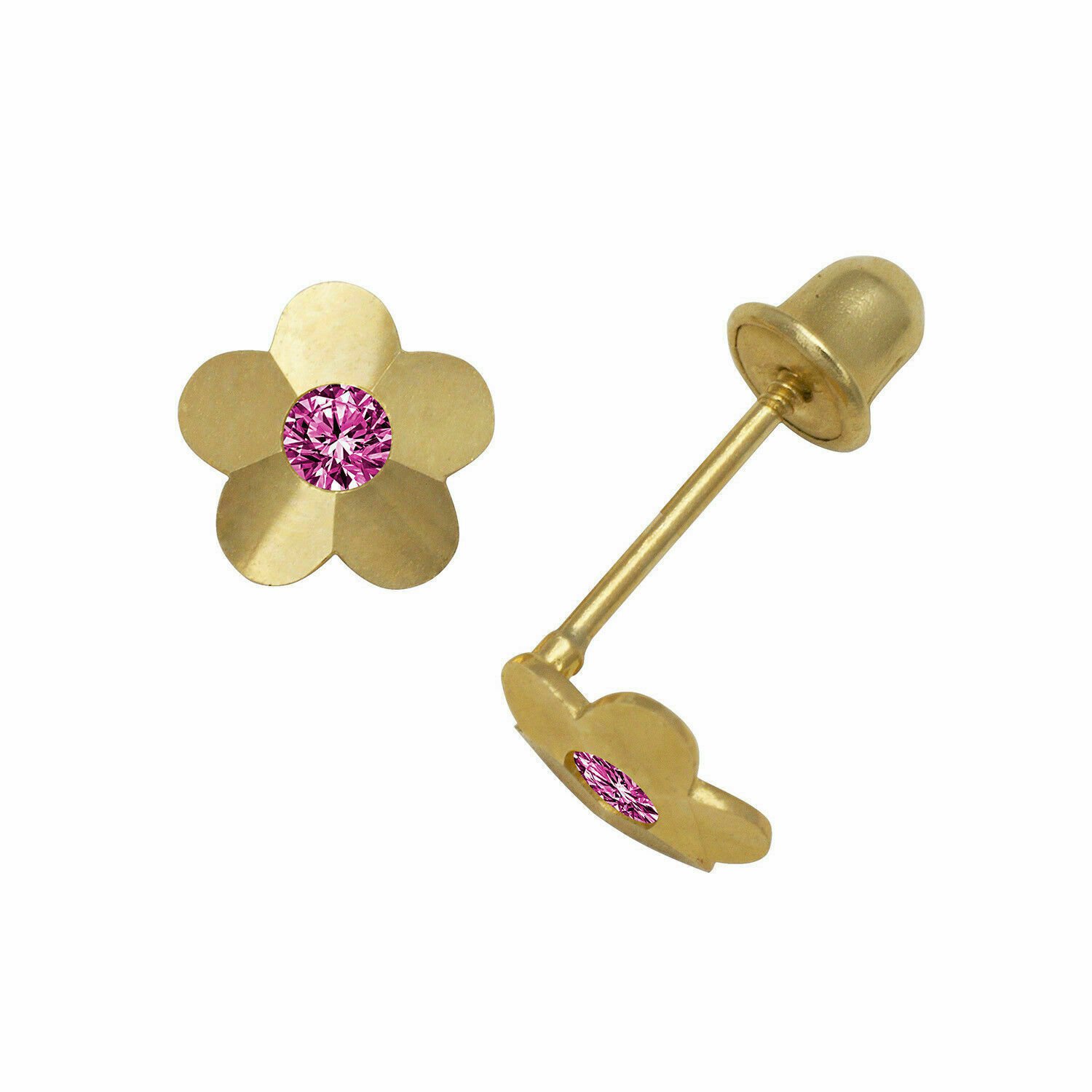 14K Solid Yellow Gold Baby Girl Ruby Birthstone Flower Stud Screw Back Earrings