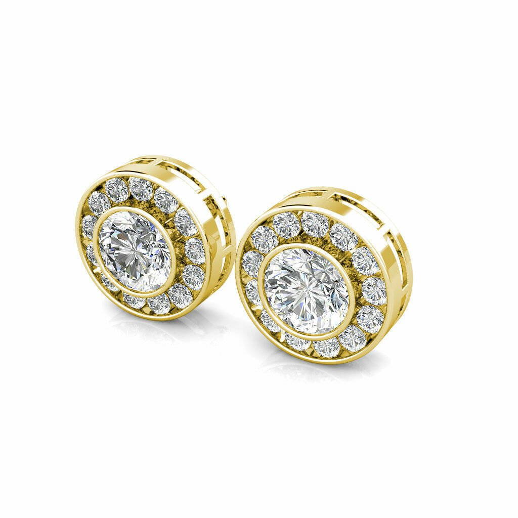 14K Yellow Gold 1.5 CT Created Round Diamond Bezel Halo Cluster Stud Earrings