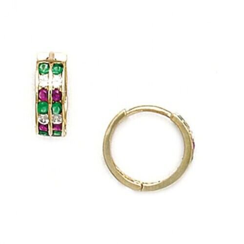 Women/Children 14K Solid YG Ruby and Emerald May Birthstone Loop Huggie Earrings