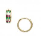Women/Children 14K Solid YG Ruby and Emerald May Birthstone Loop Huggie Earrings