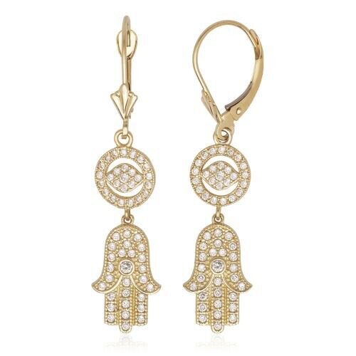 1.15 CTW 14K White Gold White Sapphire Hamsa Evil Eye Dangle Leverback Earrings
