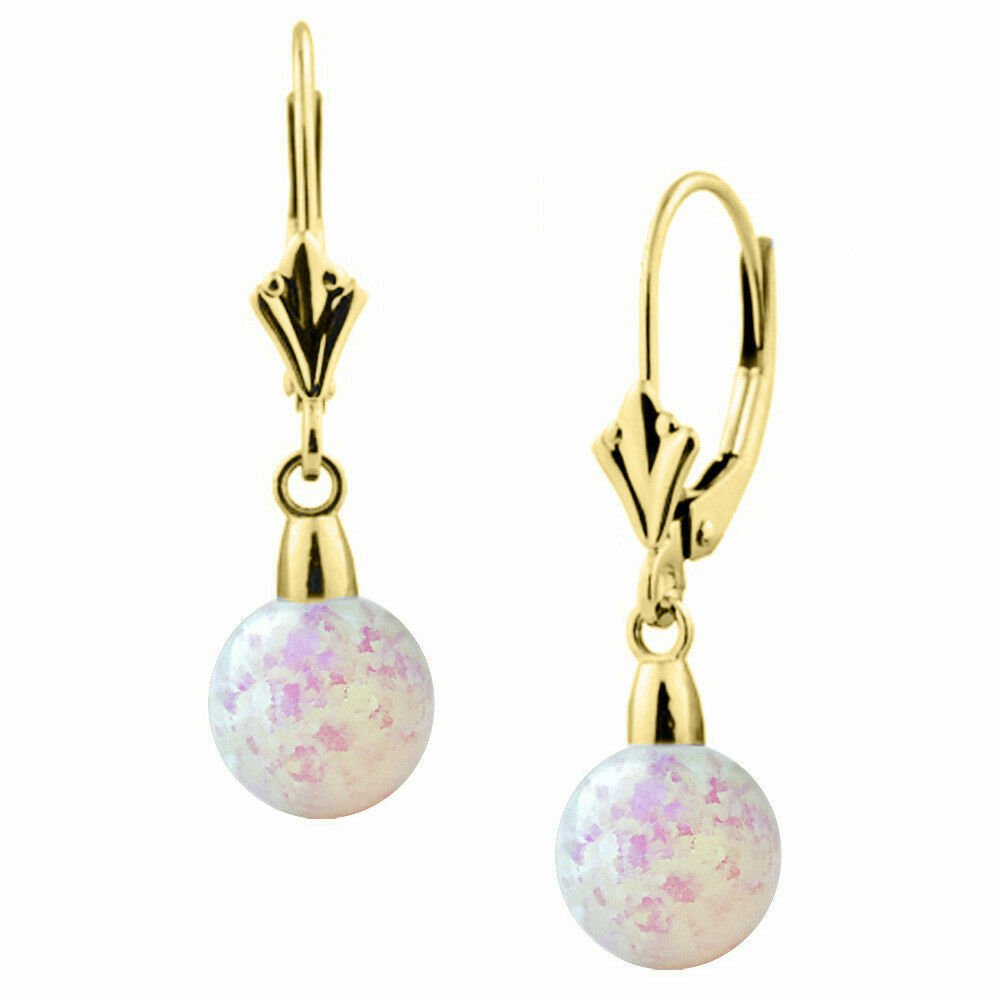 14K Yellow Gold 6MM Fiery White Lever Back Opal Dangling Drop Earrings